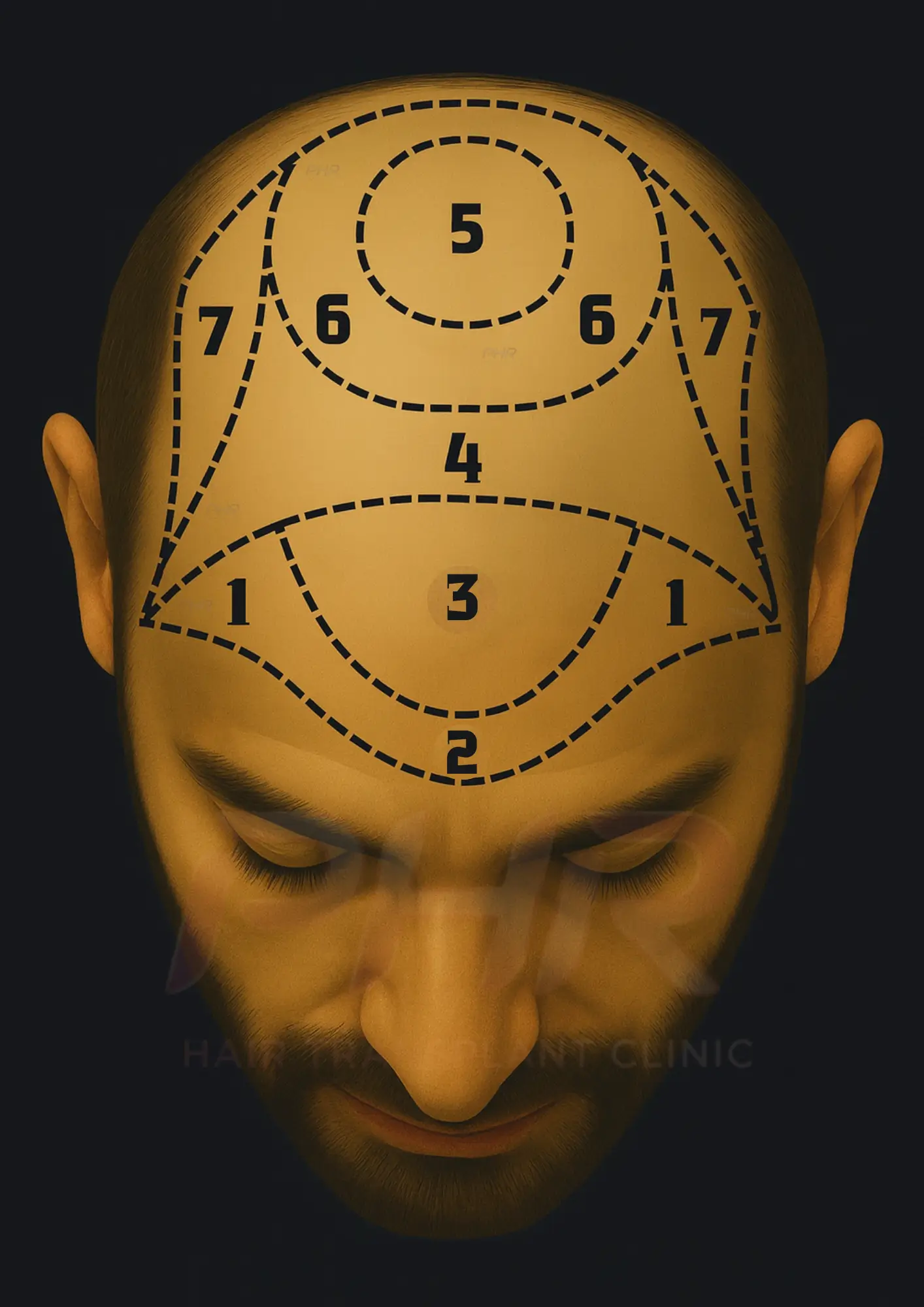 מפת אזורי ראש מסומנת 1 עד 7 להכוונת השתלת שיער בקליניקת PHR