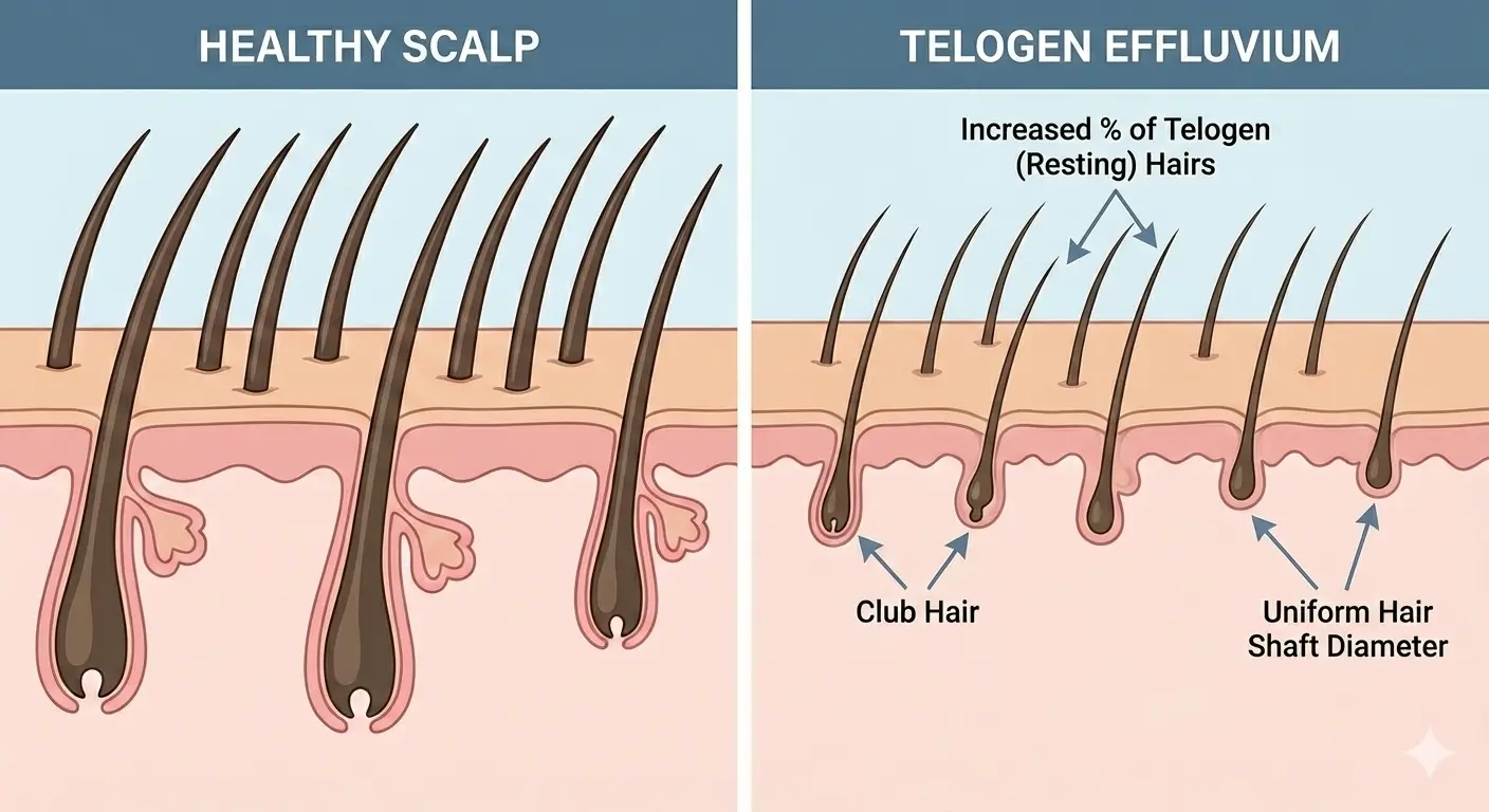 טריכוסקופיה: Telogen Effluvium ללא מיניאטוריזציה